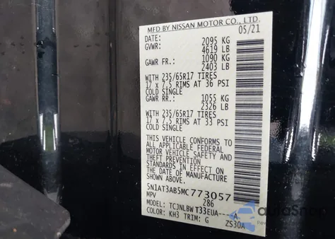 2021 Nissan Rogue S from USA, damaged, VIN 5N1AT3AB5MC773057